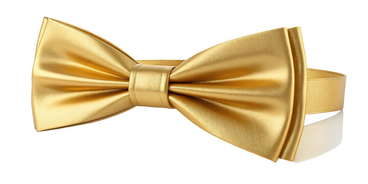 Golden satin bowtie with adjustable strap. Elegant formal fashion accessory. Classic gold silk bow tie for gentleman's suit, wedding, or party.
