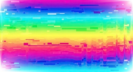 Colorful VHS glitch art with neon rainbow tones, digital noise, broken signal distortion, gradient transitions,  