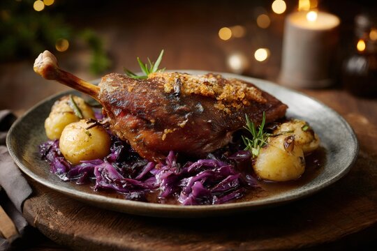 Roasted duck leg with red cabbage and dumplings