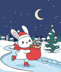 Cute Christmas Bunny Wearing Santa Hat Ice Skating with a Sack of Gifts in Snowy Village Night