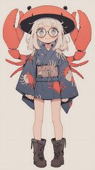Anime style girl wearing glasses Japanese kimono crab
