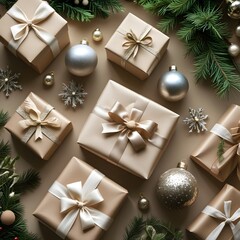 Festive Holiday Flatlay &mdash; Christmas Decorations, Gift Boxes, and Pine Branches
Christmas Flatlay with Gifts, Pine Branches, and Cozy Warm Light
Holiday Season Flatlay &mdash; Neutral Background 