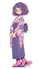 Anime style girl wearing glasses Japanese kimono crab