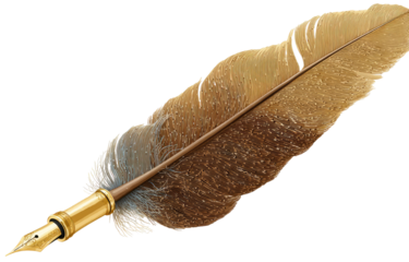 A detailed illustration of a quill pen, showcasing a bird feather