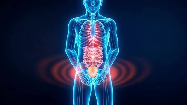 Medical 3D illustration of the human body showing intestinal disease