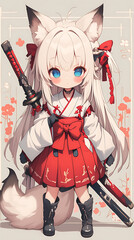 Anime chibi girl wearing traditional Japanese temple dress carrying katana sword