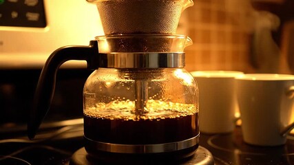 Bubbling coffee pot percolating continuously in warm kitchen
