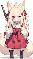 Anime chibi girl wearing traditional Japanese temple dress carrying katana sword