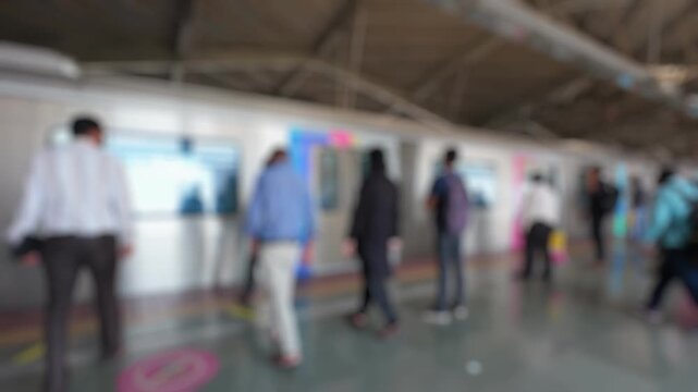Bokeh view of metro railway train in Mumbai, Maharashtra, India. Blurred background footage.