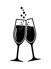 Two champagne glasses clinking with bubbles, celebration toast icon, transparent background