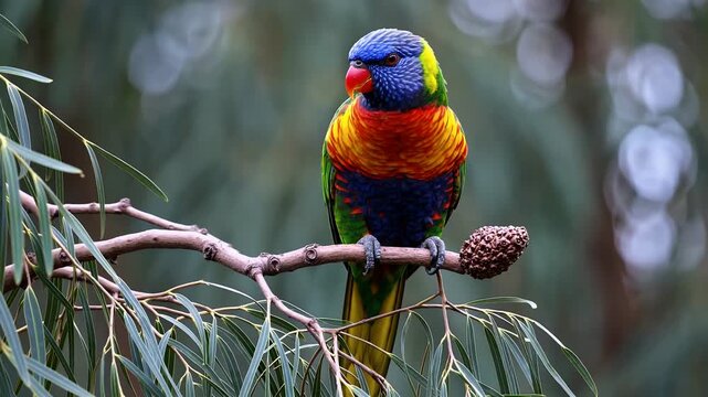 cinematic 4k close up wildlife video rainbow lorikeet perched casuarina branch skillfully cracking open seed pod beak vibrant feathers glowing under natural daylight