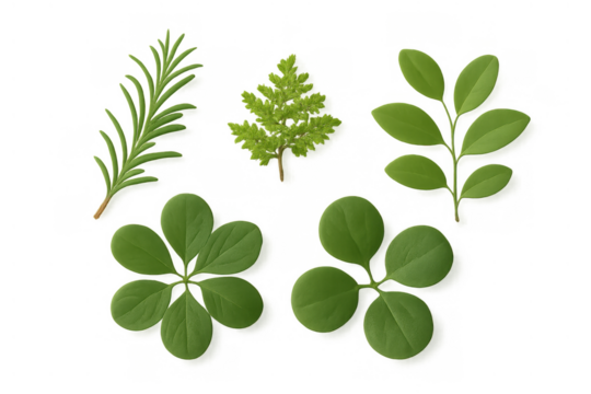 Green leaves collection featuring various botanical elements, herbs, and sprigs on transparent background, offering natural plant design - Powered by Adobe