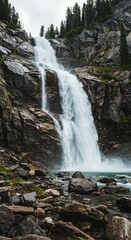 Fototapeta premium Powerful water flows down rugged granite cliffs in the high mountains, creating a stunning white cascade amidst the alpine environment, powerful, foam, dynamic