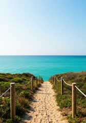 Obraz premium Reaching the coastal destination after a long path. The brilliant turquoise water stretches to the distant horizon under a bright sky, reaching, success, foam