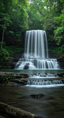 Obraz premium Serene long exposure photo showcasing the silky movement of powerful water cascading down multiple rock tiers in a lush, green forest environment, clean, stone, tiers