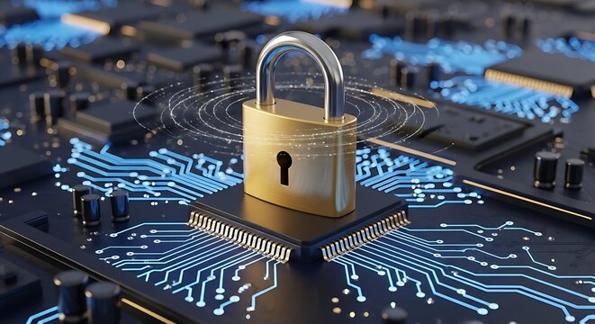 "Protecting sensitive information from cyber attacks. A lock on a CPU illustrates the importance of network security and defending against malware and hackers."