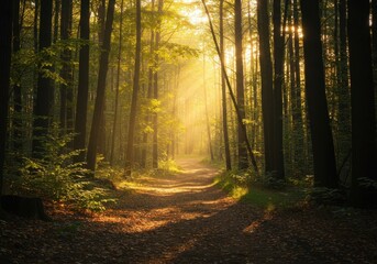Obraz premium Winding forest path illuminated by golden sunlight filtering through the dense canopy, offering an inviting view of the natural landscape ,light ,trekking ,summer