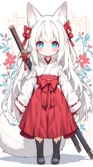 Chibi anime fox ears Japanese temple traditional clothes carrying katana