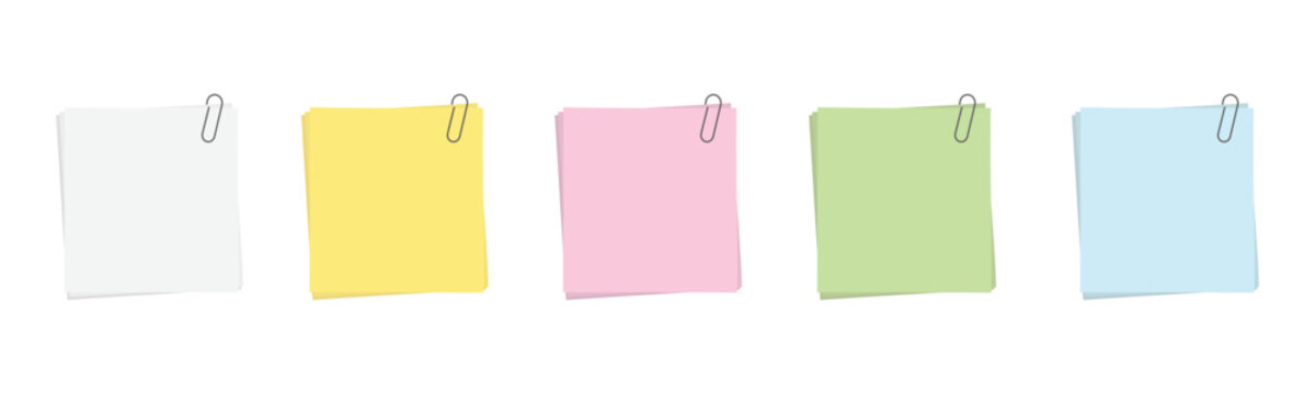 Paper for note with clip. Colorful sticky notes arranged in a row on a white background for reminders and organization tasks. Vector illustration