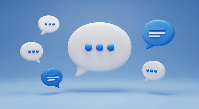 Floating speech bubbles with chat icons on a blue background