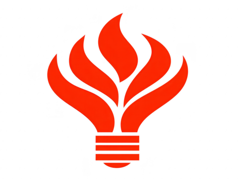 Red abstract flame and light bulb logo, symbolizing creativity, innovation, and energy, with modern minimalist design suitable for technology, education, or energy concepts