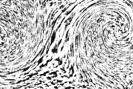 Black and white halftone spiral pattern forming twin vortexes with rough, grainy texture on transparent background.