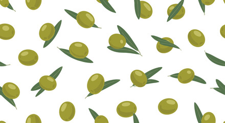 Lively and appealing seamless pattern of green olives with attached leaves, ideal for Mediterranean food, healthy eating, and natural product designs.