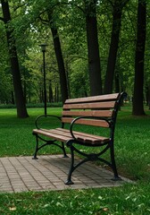 Fototapeta premium A classic wooden bench stands empty in a tranquil park setting, offering a peaceful place for rest amidst vibrant green nature and tall trees, relaxation, empty, nature