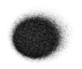 Dark circular halftone pattern with densely packed dots in the center fading gently toward the edges on a transparent background.