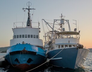 Two fishing boats are moored at a pier in the Adriatic Sea.