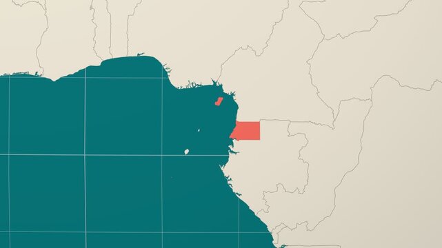Equatorial Guinea map. Animated zoom into the country on the Globe in Teal Pale Mint color palette. Country logo animation. Map with meridians, parallels. Neat video.