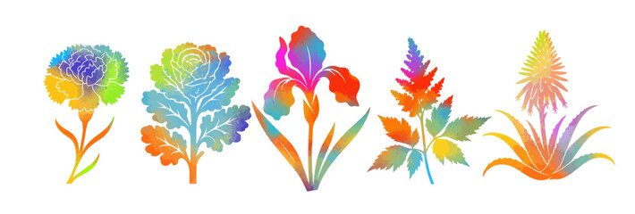 A set of colored flowers. Hand drawn. Not AI,