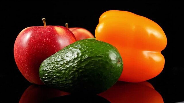 closeup fresh fruits aur vegetables rotating on black background, studio lighting, 4K video&rdquo;