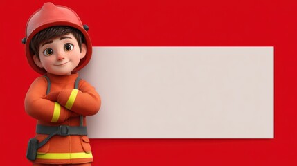 Young Firefighter Character Poses Confidently Against a Vibrant Red Background, Ready for Adventure and Safety
