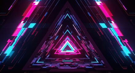 digital glitch forming geometric triangle patterns, neon RGB distortion lines, cyberpunk holographic shards 