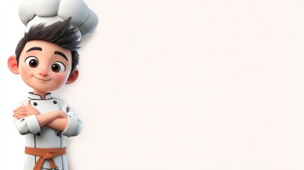 Young Chef Smiling Confidently in a White Uniform With Hat, Ready to Prepare Delicious Dishes in a Kitchen Setting