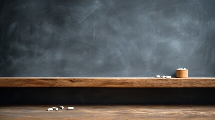 Blackboard and Wooden Shelf With Chalk and a Container of Chalk Pieces in a Classroom Setting