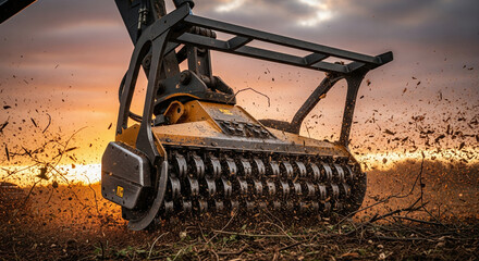 Mulcher machine head shredding thick undergrowth at sunset in a forest clearing