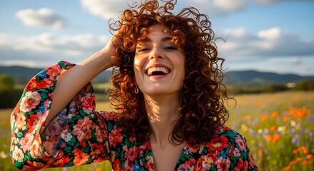 Happy woman with curly hair laughing in wildflower field