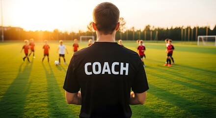 Soccer coach guiding young players during football training at sunset