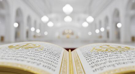 Gilded pages and fine script of the Guru Granth Sahib showcased within the marble architecture of a Gurdwara