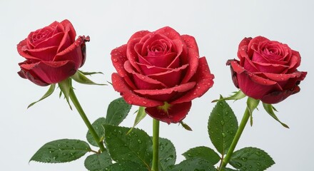 Fototapeta premium Three perfect blooming roses featuring detailed green leaves and delicate water droplets, entirely isolated against a simple bright white surface ,anniversary ,vibrant ,love