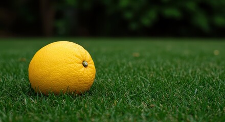 Vibrant yellow citrus fruit resting outdoors on dense, newly mowed lawn grass. Concept representing natural flavor combinations and zest and health, ingredient, texture, food