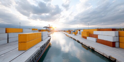 Large body of water with a large number of containers on the shore