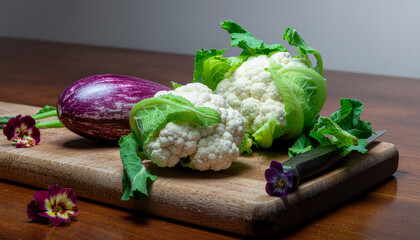 Plant-Forward Cooking Preparation: Fresh Cauliflower and Striped Eggplant on Wooden Cutting Board with Knife. Focus on Natural, Unprocessed Ingredients.