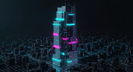 digital skyscraper composed of glitch fragments, geometric distortion, neon cyan and magenta reflections, pixelated structure, 