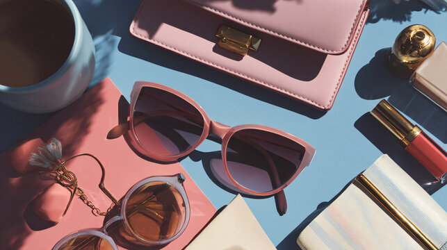 Fashion accessories flat lay with pink sunglasses, handbag, cosmetics, and coffee