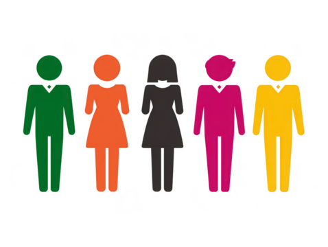 Diverse group of people icon colorful male and female silhouettes standing together representing teamwork unity inclusion and community in modern minimal style