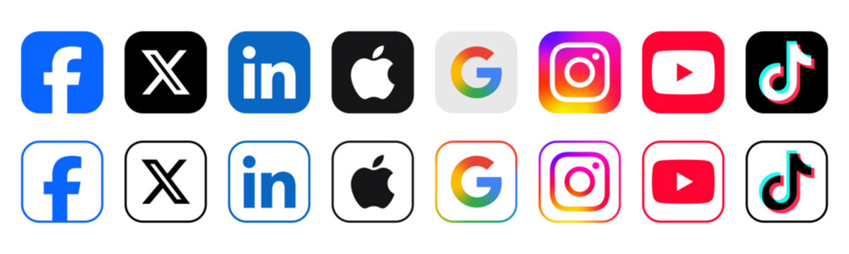 social media icon set or social network logos , tiktok, youtube, instagram, linkedin, facebook, x, apple, google, social media, networking apps. vector icons. sign up with social media apps