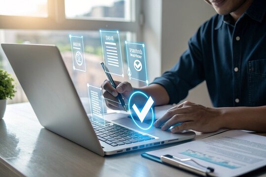 Person using laptop for digital verification and authentication. Online identity approval, data security, and document management concept showing technology, connection, and electronic business proces